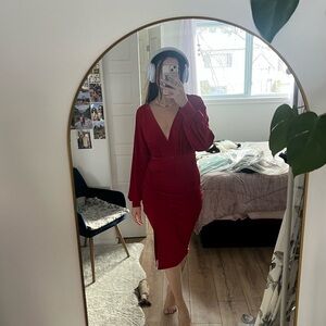Elegant Red V-Neck Dress (1861, MTL) - Large